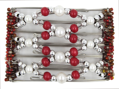 African Butterfly Wire Hair Clip - 7 Tong 753 - hair clip with red, white, and silver beads on a white background