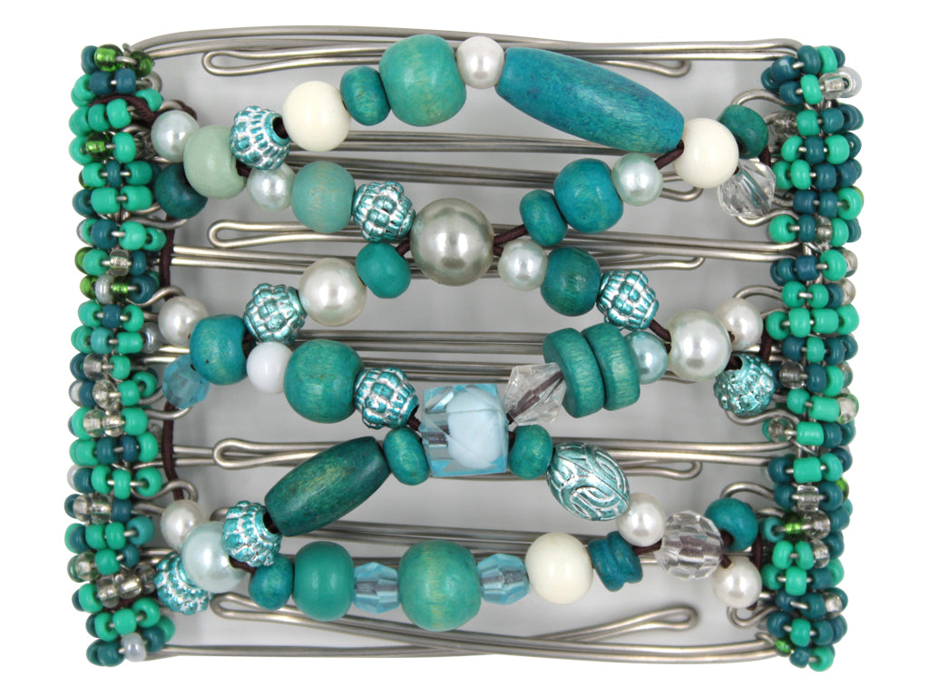 African Butterfly Wire Hair Clip - 7 Tong 755 - hair clip with turquoise and pearl beads on a white background