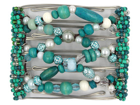 African Butterfly Wire Hair Clip - 7 Tong 755 - hair clip with turquoise and pearl beads on a white background