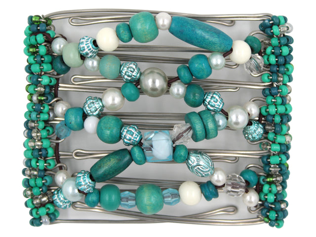 African Butterfly Wire Hair Clip - 7 Tong 755 - hair clip with turquoise and pearl beads on a white background