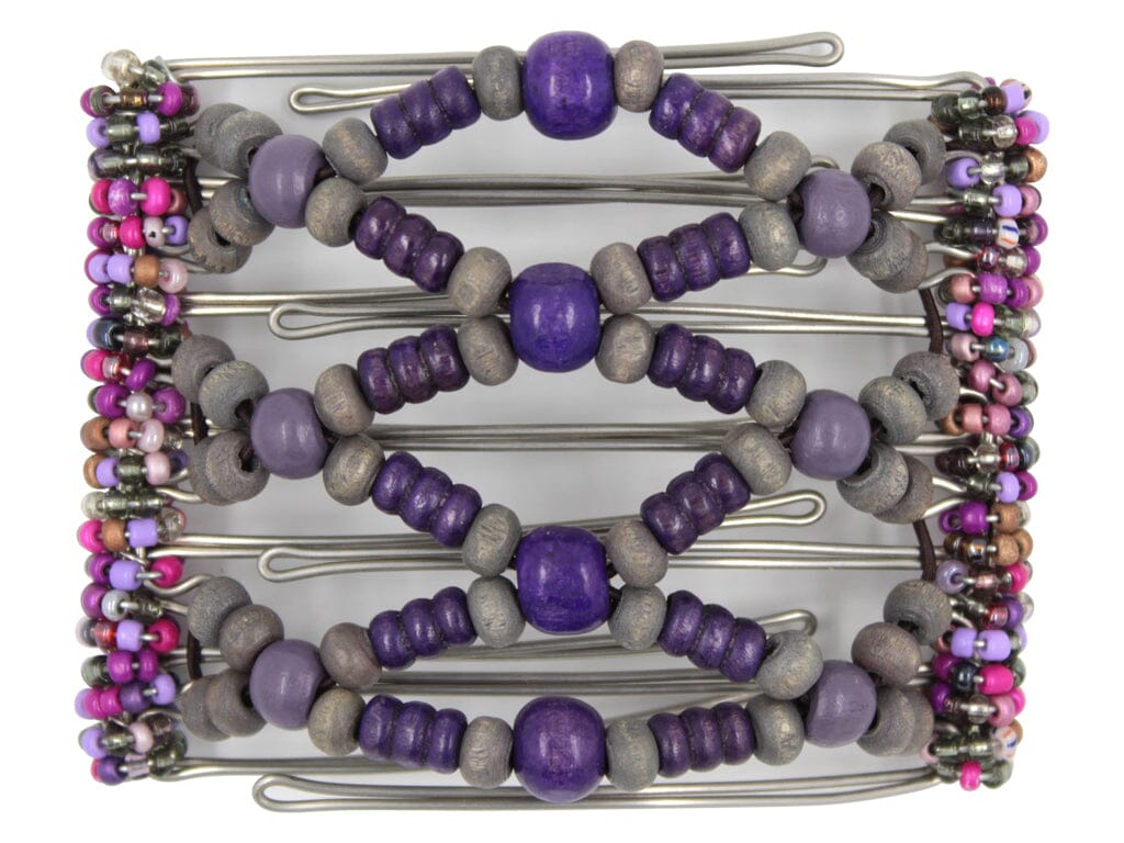 African Butterfly Wire Hair Clip - 7 Tong 757 - hair clip with purple and gray wood beads on a white background