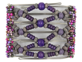 African Butterfly Wire Hair Clip - 7 Tong 757 - hair clip with purple and gray wood beads on a white background