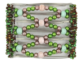 African Butterfly Wire Hair Clip - 7 Tong 760 - hair clip with colorful green and taupe beads on a white background