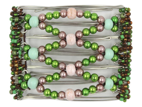 African Butterfly Wire Hair Clip - 7 Tong 760 - hair clip with colorful green and taupe beads on a white background