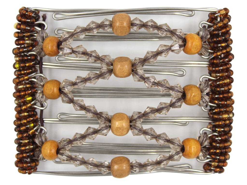 African Butterfly Wire Hair Clip - 7 Tong 762 - hair clips with champagne acrylic beads and wood beads on a white background