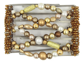 African Butterfly Wire Hair Clip - 7 Tong 765 - hair clip with gold, pearl, and bronze beads on a white background