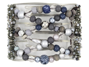 African Butterfly Wire Hair Clip - 7 Tong 772 - silver and dark gray wood beads, silver, clear, rustic midnight blue beads, white background