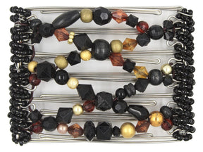 African Butterfly Wire Hair Clip - 7 Tong 773 - black wood and acrylic beads, brown acrylic beads, gold beads, white background