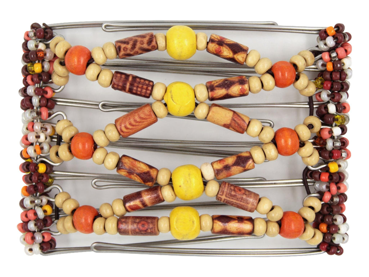African Butterfly Wire Hair Clip - 7 Tong 774 - yellow wood beads, small blonde wood beads, boho wood beads, brown, orange, white and yellow seed bead spines, white background