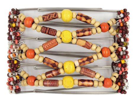 African Butterfly Wire Hair Clip - 7 Tong 774 - yellow wood beads, small blonde wood beads, boho wood beads, brown, orange, white and yellow seed bead spines, white background