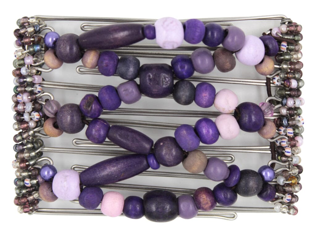 African Butterfly Wire Hair Clip - 7 Tong 775 - mixed lavender, soft pink, deep plum wood and acrylic beads, white background