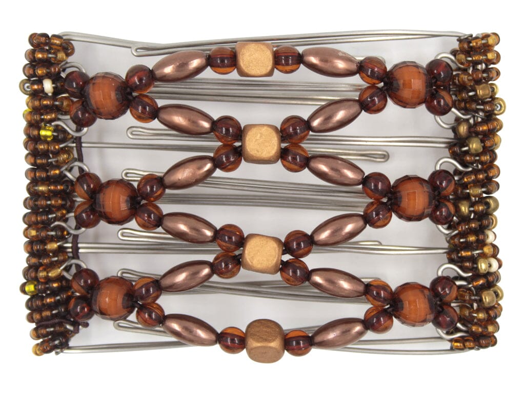 African Butterfly Wire Hair Clip - 7 Tong 776 - copper wood beads, mahogany acrylic beads, creamy toffee pearl beads, chestnut acrylic beads, amber seed bead edges, white background