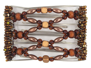 African Butterfly Wire Hair Clip - 7 Tong 776 - copper wood beads, mahogany acrylic beads, creamy toffee pearl beads, chestnut acrylic beads, amber seed bead edges, white background