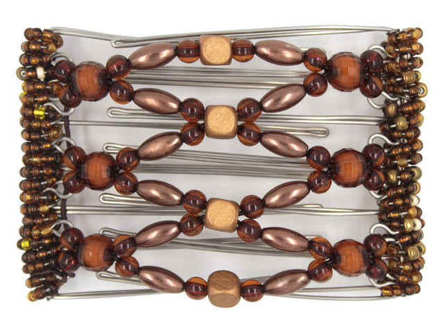 African Butterfly Wire Hair Clip - 7 Tong 776 - copper wood beads, mahogany acrylic beads, creamy toffee pearl beads, chestnut acrylic beads, amber seed bead edges, white background