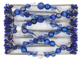 African Butterfly Wire Hair Clip - 7 Tong 777 - mixed blue acrylic, clear acrylic, midnight blue, sapphire and white pearl beads, white background