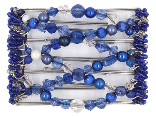 African Butterfly Wire Hair Clip - 7 Tong 777 - mixed blue acrylic, clear acrylic, midnight blue, sapphire and white pearl beads, white background