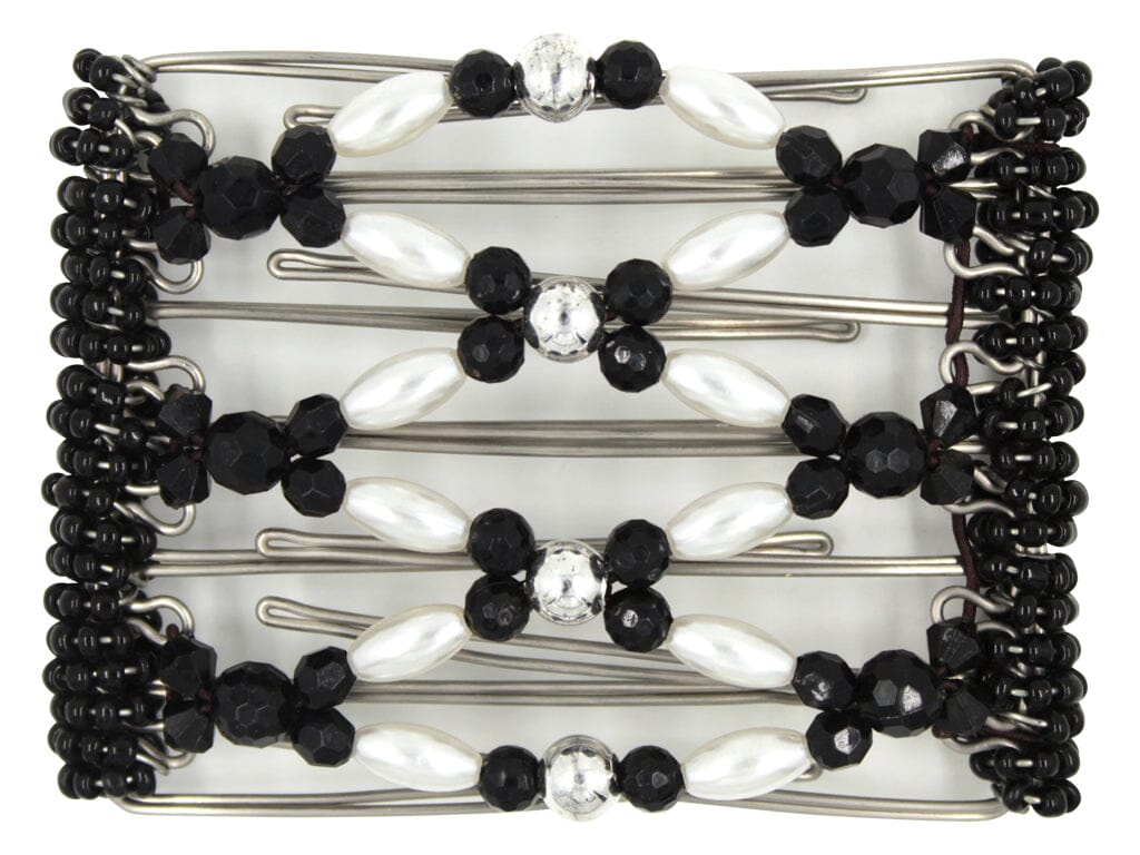 African Butterfly Wire Hair Clip - 7 Tong 778 - black, white and silver beads, white background