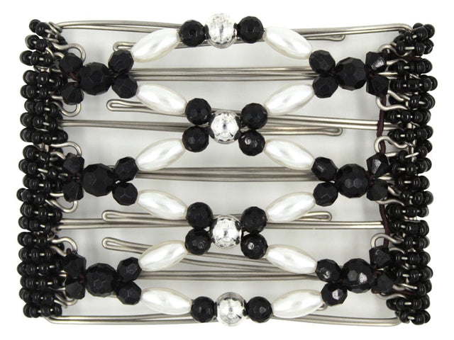 African Butterfly Wire Hair Clip - 7 Tong 778 - black, white and silver beads, white background