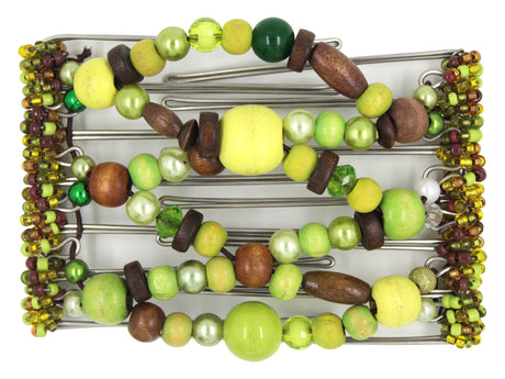 African Butterfly Wire Hair Clip - 7 Tong 779 - green apple, lime and brown wood and acrylic beads, white background