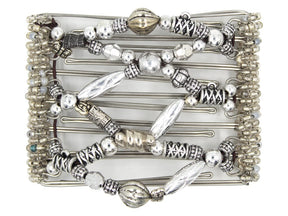 African Butterfly Wire Hair Clip - 7 Tong 782 - mixed silver beads in assorted sizes and shapes, clear Czech seed beads, charm hooks, white background