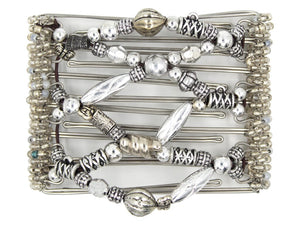 African Butterfly Wire Hair Clip - 7 Tong 782 - mixed silver beads in assorted sizes and shapes, clear Czech seed beads, charm hooks, white background