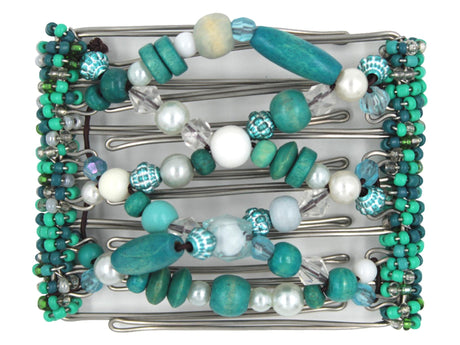 African Butterfly Wire Hair Clip - 7 Tong 783 - fancy blue beads, clear acrylic beads, turquoise and teal wood beads, turquoise and teal Czech seed beads, white background