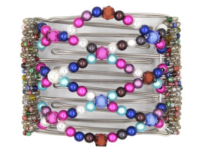 African Butterfly Wire Hair Clip - 7 Tong 784 - rainbow beads in navy, mauve, fuchsia, aqua, charcoal gray and white pearl, with mixed bead sprinkle on the sides, white background
