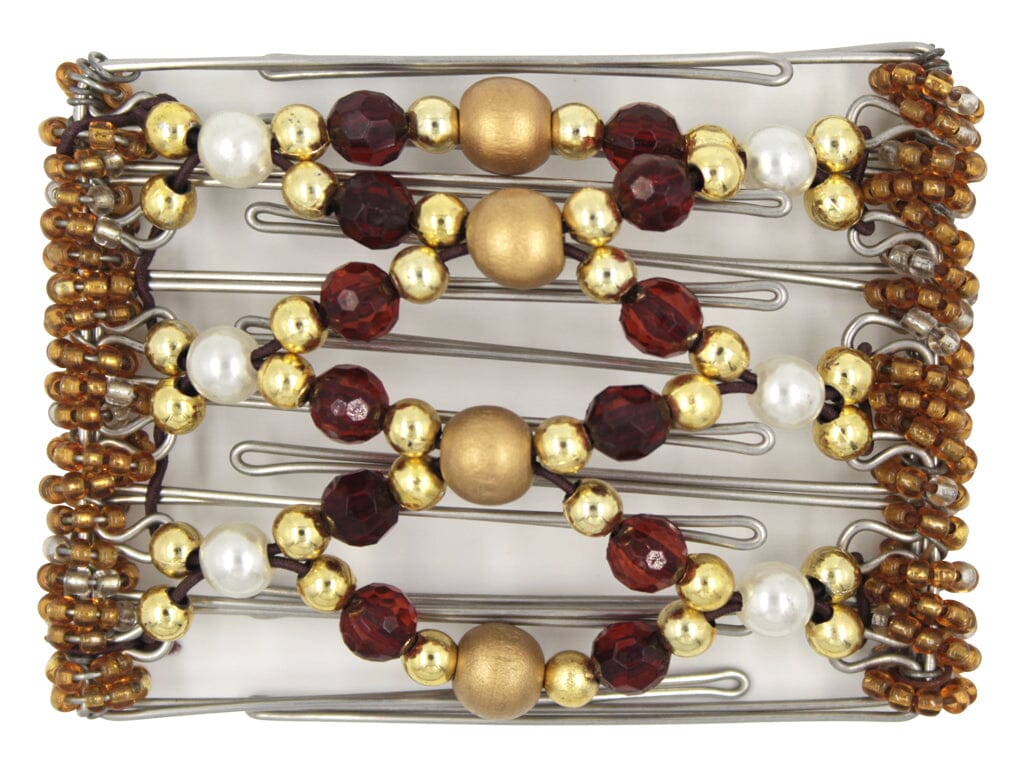 African Butterfly Wire Hair Clip - 7 Tong 785 - decorative gold wood beads, small round gold beads, burgundy acrylic beads, white pearl beads, gold Czech seed beads, white background
