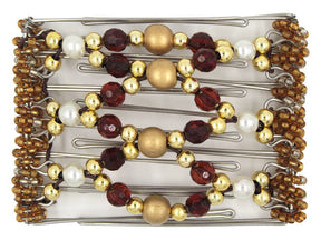 African Butterfly Wire Hair Clip - 7 Tong 785 - decorative gold wood beads, small round gold beads, burgundy acrylic beads, white pearl beads, gold Czech seed beads, white background