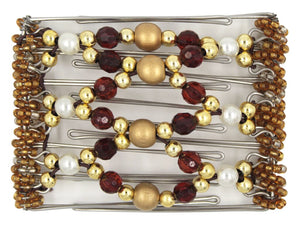 African Butterfly Wire Hair Clip - 7 Tong 785 - decorative gold wood beads, small round gold beads, burgundy acrylic beads, white pearl beads, gold Czech seed beads, white background