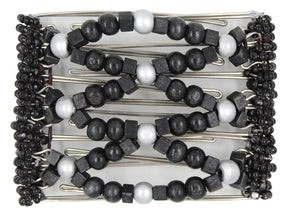 African Butterfly Wire Hair Clip - 7 Tong 786 - black solid wood beads, large silver wood beads, tiny black Czech seed beads along the edges, white background