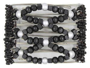African Butterfly Wire Hair Clip - 7 Tong 786 - black solid wood beads, large silver wood beads, tiny black Czech seed beads along the edges, white background