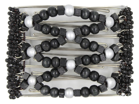 African Butterfly Wire Hair Clip - 7 Tong 786 - black solid wood beads, large silver wood beads, tiny black Czech seed beads along the edges, white background