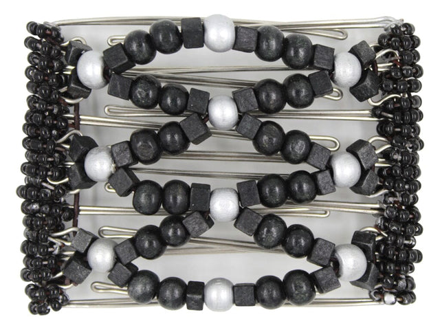 African Butterfly Wire Hair Clip - 7 Tong 786 - black solid wood beads, large silver wood beads, tiny black Czech seed beads along the edges, white background