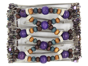 African Butterfly Wire Hair Clip - 7 Tong 787 - deep violet wood beads, chocolate brown wood beads, rustic blue and gray wood beads, russet brown wood beads, purple and clear Czech seed beads, white background