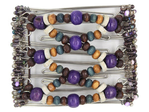 African Butterfly Wire Hair Clip - 7 Tong 787 - deep violet wood beads, chocolate brown wood beads, rustic blue and gray wood beads, russet brown wood beads, purple and clear Czech seed beads, white background