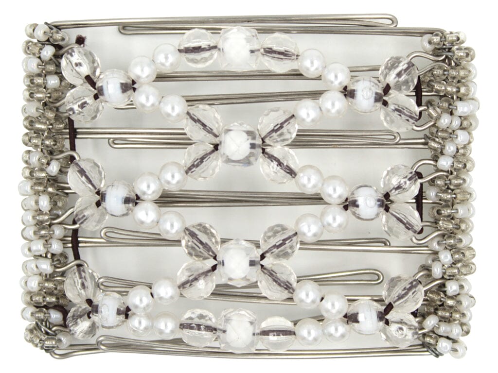 African Butterfly Wire Hair Clip - 7 Tong 788 - clear and white translucent beads in two sizes, clear acrylic beads, white pearl beads, white and clear Czech glass seed beads along the edges, white background