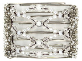 African Butterfly Wire Hair Clip - 7 Tong 788 - clear and white translucent beads in two sizes, clear acrylic beads, white pearl beads, white and clear Czech glass seed beads along the edges, white background