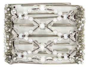 African Butterfly Wire Hair Clip - 7 Tong 788 - clear and white translucent beads in two sizes, clear acrylic beads, white pearl beads, white and clear Czech glass seed beads along the edges, white background