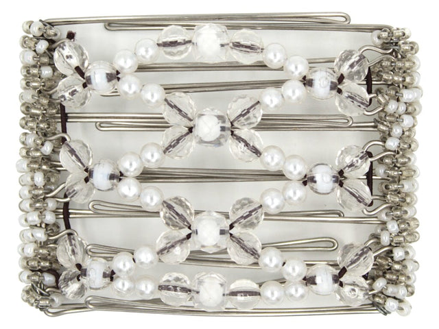 African Butterfly Wire Hair Clip - 7 Tong 788 - clear and white translucent beads in two sizes, clear acrylic beads, white pearl beads, white and clear Czech glass seed beads along the edges, white background