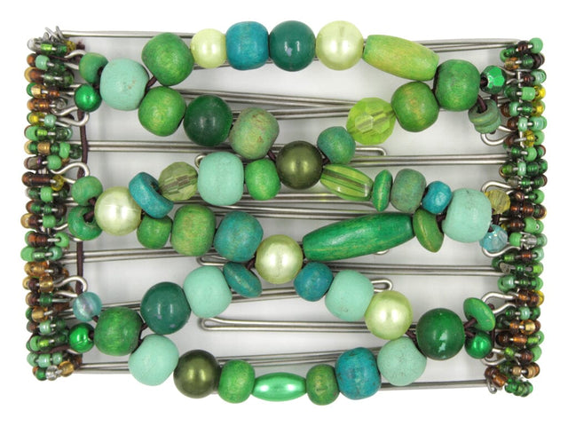 African Butterfly Wire Hair Clip - 7 Tong 790 - varying deep and light shades of green wood and pearl beads, white background