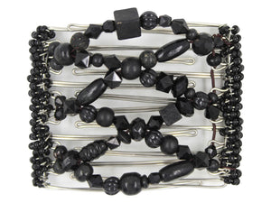 African Butterfly Wire Hair Clip - 7 Tong 791 - differently shaped black wood and acrylic beads, black Czech seed beads along the edges, white background