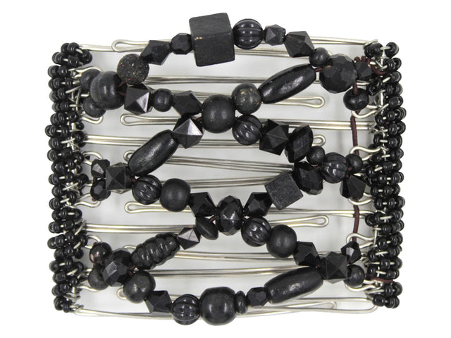 African Butterfly Wire Hair Clip - 7 Tong 791 - differently shaped black wood and acrylic beads, black Czech seed beads along the edges, white background