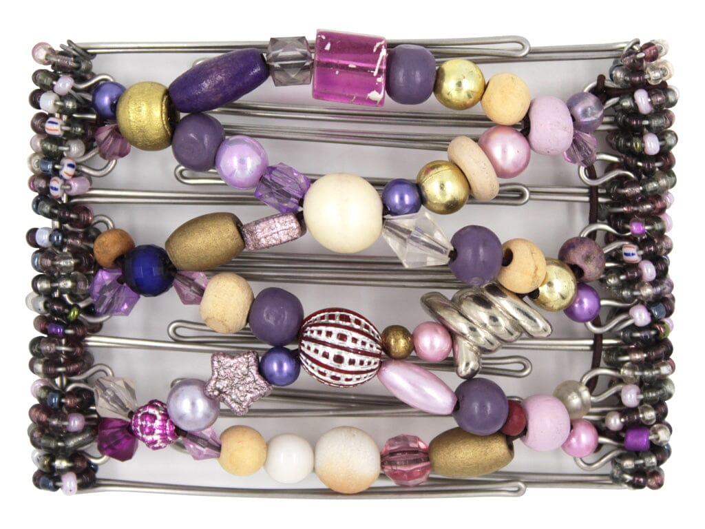 African Butterfly Wire Hair Clip - 7 Tong 792 - lavender to deep plum purple beads, silver, cream, pink and gold beads, purple Czech seed beads along the edges, white background