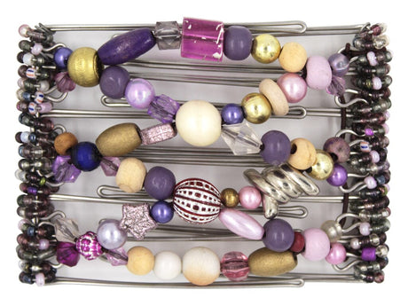 African Butterfly Wire Hair Clip - 7 Tong 792 - lavender to deep plum purple beads, silver, cream, pink and gold beads, purple Czech seed beads along the edges, white background