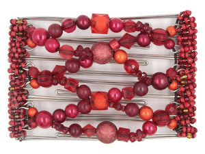 African Butterfly Wire Hair Clip - 7 Tong 793 - assorted red beads in distinct shapes, sizes, and textures, red Czech beads along the sides, white background