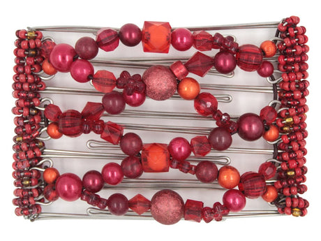 African Butterfly Wire Hair Clip - 7 Tong 793 - assorted red beads in distinct shapes, sizes, and textures, red Czech beads along the sides, white background