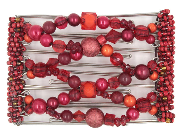 African Butterfly Wire Hair Clip - 7 Tong 793 - assorted red beads in distinct shapes, sizes, and textures, red Czech beads along the sides, white background