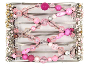African Butterfly Wire Hair Clip - 7 Tong 794 - fuchsia, pale pink, clear beads, white pearls, white, clear and pale pink Czech beads along the sides, white background⠋