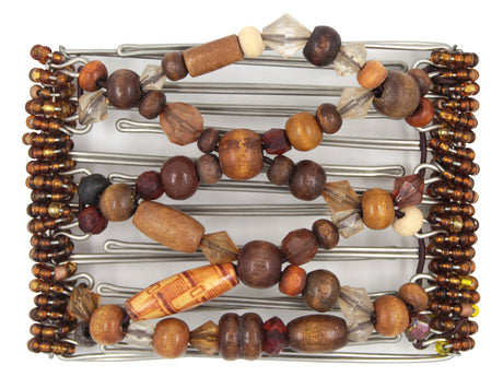 African Butterfly Wire Hair Clip - 7 Tong 795 - natural dark and medium brown wood and acrylic beads, bronze Czech seed beads along the edges, white background
